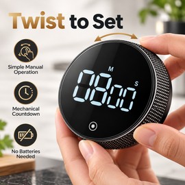 Magnetic Mechanical Kitchen Timer – Battery-Free Rotary Countdown Timer with 3-Level Adjustable Alarm for Cooking, Shower & Study, Black