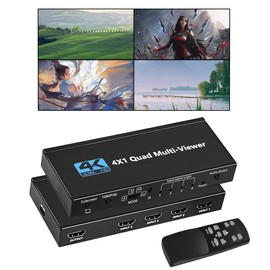 HDMI Multiviewer Switch 4X1, WrixWric HDMI Quad Multi-Viewer Seamless Switcher 4 in 1 Out with IR Remote, Support 4K 30Hz, 5 Display Modes for Security Camera, Monitor, Gaming Consoles