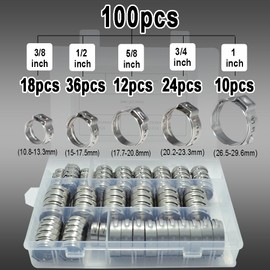 TT FLEX 304 Stainless Steel Single Ear Hose Clamps Kit, 100 Pack PEX Cinch Clamp Rings for PEX Pipe Tubing Connection