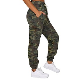 Waitfairy Women's Sweatpants Drawstring Long Pants Jogger Sweat Pants with Pocket Dark Camouflage L