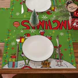 Christmas Placemats 12''x18'' Set of 4, Christmas Decorations for Home Green Xmas Runner Table Decor Seasonal Winter Holiday Merry Christmas Party Dining Table Decorations