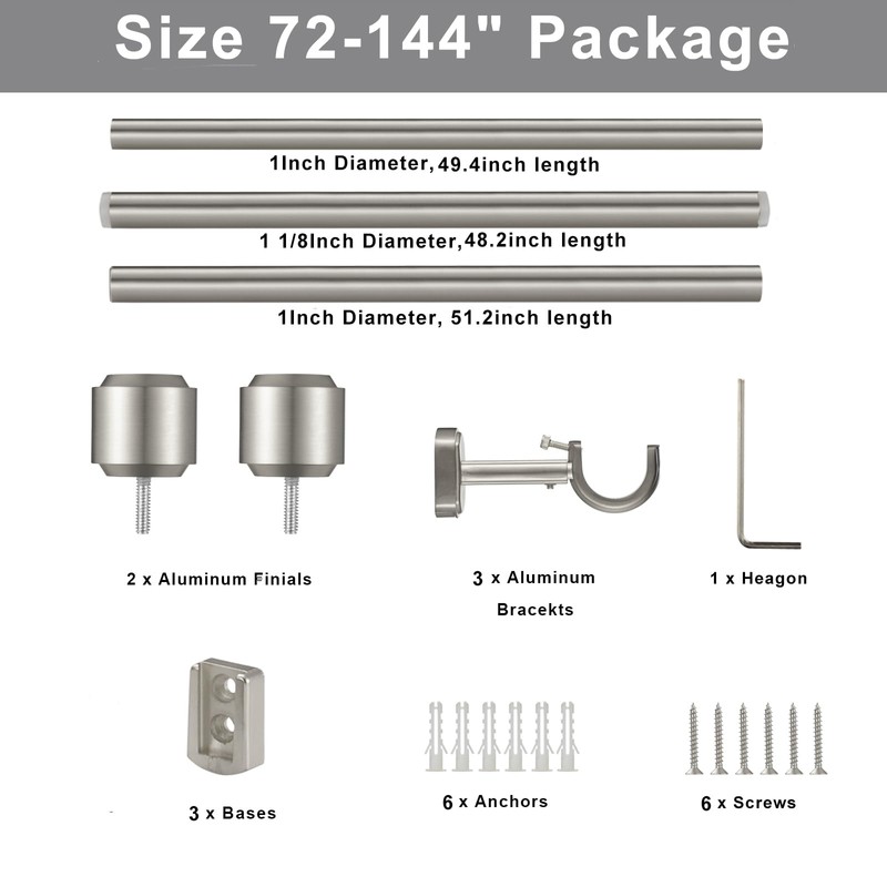 Heavy Duty Curtain Rods, 1 1/8 Inch Diameter Single Curtain