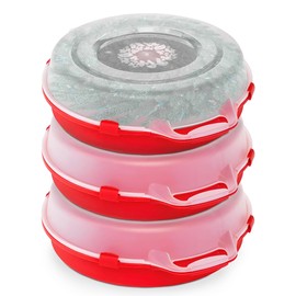 HOMZ 3-Pack Seasonal Holiday Decorative Wreath Storage Organizer, 24 Inch, Red & Clear - Round Plastic Christmas Decoration Holder for Wreaths and Garlands w/ 4-Way Latches Built-In Handle
