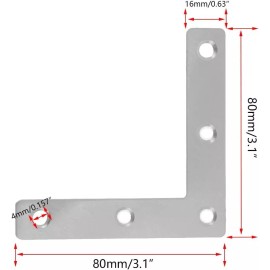 Rannb 15 Pack L Shape Flat Brackets Stainless Steel Right Angle Hardware 80Mm