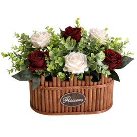 Nagobi Dining Table Centerpiece Decor - Pre-Made Artificial Flower Arrangement Fake Floral with Wooden Vase for Farmhouse Kitchen Bathroom Living Room Decorations (Burgundy Champagne)