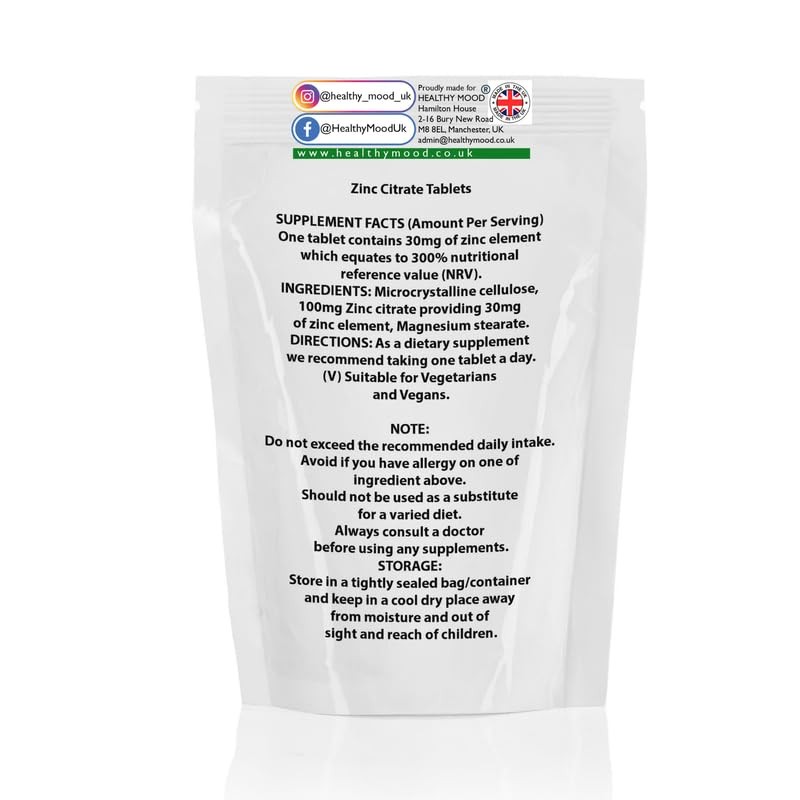 Zinc Citrate 30mg Tablets Zn Element 300% NRV Oral Elemental