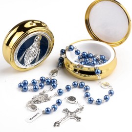 HanlinCC Blue Glass Pearl Beads Catholic Rosary Necklace for Women with Gold Miraculous Gift Box (Blue)