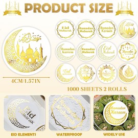 Ramadan Mubarak Stickers, Ramadan Decorations for Home, 1000 Sheets 2 Rolls of Ramadan Stickers, Islamic Muslim Ramadan Decorations Happy Eid Stickers, for Ramadan Gifts Eid Mubarak Decorations