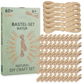 LIVAIA Craft Set: Natural DIY Set with 6x33ft Jute Twine and 60 Wooden Clips – Twine String for Crafts – Childrens Crafts Set – Jute Rope Craft Box
