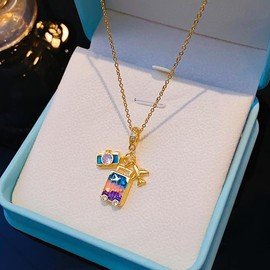 DIAMANTIO 18K Gold Plated Travel Charm Necklace with Colorful Suitcase, Airplane & Camera Pendants – Vacation-Themed Jewelry for Women
