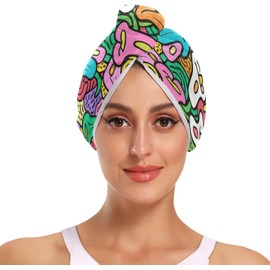 Doodle Flowers - Toallas de secado de cabello con botón para cabello rizado largo y corto para mujer, toallas largas de microfibra para el cabello, paquete de 2
