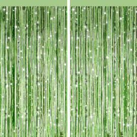 2 Pack Light Green Metallic Tinsel Foil Fringe Curtains, Door Streamers Photo Booth Backdrop for Birthday Party, Tinsel Curtain Backdrop for Baby Shower Bachelorette Christmas Party Decorations