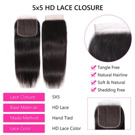 Arenshxc 5 x 5 Lace Closure Real Hair Lace Closure Invisible Lisse Straight Cheveux Natural Ondule Natural Hairline Baby Hair 20 Inches