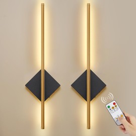 Battery Operated Wall Sconces Set of Two, Modern Sconces Wireless Cordless Rechargeable Light with Remote, Gold and Black Wall Lamp Dimmable Home Decor for Bedroom Living Room Hallway Timing 23.6 Inch