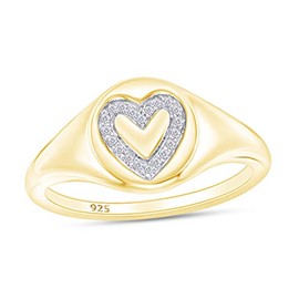 Heart Shaped Round Cut White Natural Accent Diamond Outline Signet Engagement Ring In 14k Yellow Gold Over Sterling Silver For Womens Ring Size-4 (0.05 Cttw)