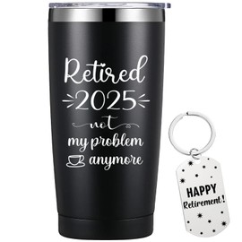 Retirement Gift for Women Men Coworker -20oz Stainless Steel Wine Tumblers with A Word Retired 2025, Not My Problem Anymore-Funny Gift for Friends,Mother,Dad,Husband,Wife,Grandpa,Uncle. (Black)