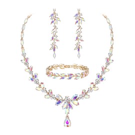 EVER FAITH Austrian Crystal Bridal Jewellery Set, Elegant Marquise Rhinestone Leaf Necklace with Dangling Earrings, Tennis Bracelet Set, Clear Silver Tone, Crystal, No Gemstone