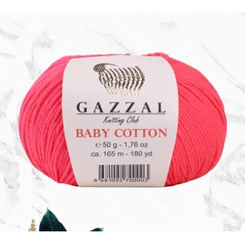 4 Ball (Skein) Gazzal Baby Cotton, 60% Cotton Each 1.76 Oz (50g) / 150 Yrds (165m) Soft, 2 - Fine Baby Yarn, Soft and Popular (3458 - Neon Red)