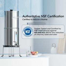 Purewell 2.25G Gravity Water Filter System with Water Level Window, 3-Stage 0.01μm Ultra-Filtration Stainless Steel Countertop System with 2 Filters and Stand, Reduce 99% Chlorine, PW-KS