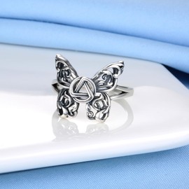 Alcoholics Anonymous Butterfly Adjustable Rings Sterling Silver One day at a time Sobriety Gifts for women AA Jewelry, Silver, No Gemstone