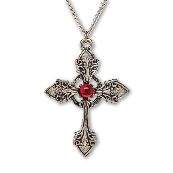 Gothic Cross with Red Stone Medieval Renaissance Pendant Necklace