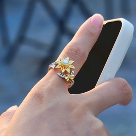 Sunflower Fidget Spin Bee Rings - 925 Sterling Silver Adjustable Open Ring Opal You are My Sunshine Ring Spinner Chrismas Mother's Day Birthday Jewery Gift Women, 6-8, Sterling Silver, Created Opal