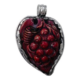 Beautiful Bundle of Grapes Engraved in Red Coral Gemstone Handmade by Craftsmen Beautiful Ethnic Unique Designer Boho Fashion 925 Oxidised Silver Plated Pendant for Men and Women