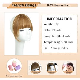 SAKALAKA Clip in Bangs, Real Human Hair French Bangs Hair Clip, Fake Bangs Fringe with Temples Hairpieces for Women Natural Curved Bangs Clip in Hair Extensions for Daily Wear Blonde (Blonde, French Bangs)