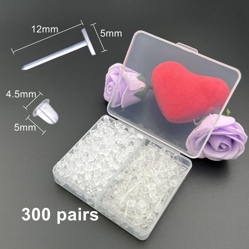 Invisible Earrings for Work, 300 Pairs Clear Plastic Earring Posts