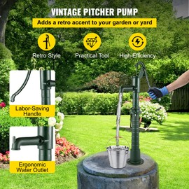 VEVOR Cast Iron Hand Water Pump, Vintage Pitcher & Stand 26'' Height, Max 20ft Depth, Easy Installation, Heavy-duty Well Pump, Antique for Yard, Garden, Farm, Green