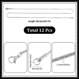 SUNNYCLUE 12 PACK 20 INCH/ 0.5M 1mm Stainless Steel Snake Chain Necklace Making Chains Silver Metal Lobster Claw Clasps Cable Chains Necklaces Bulk for jewellery Making Necklaces Women Craft Supplies
