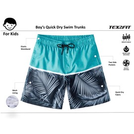 TEX2FIT Boy's Quick Dry Swim Trunks for 7-14yrs, Breathable Swim Shorts with Mesh Lining and Pockets, 2-Pack (Camo/Turquoise Palm, Large)