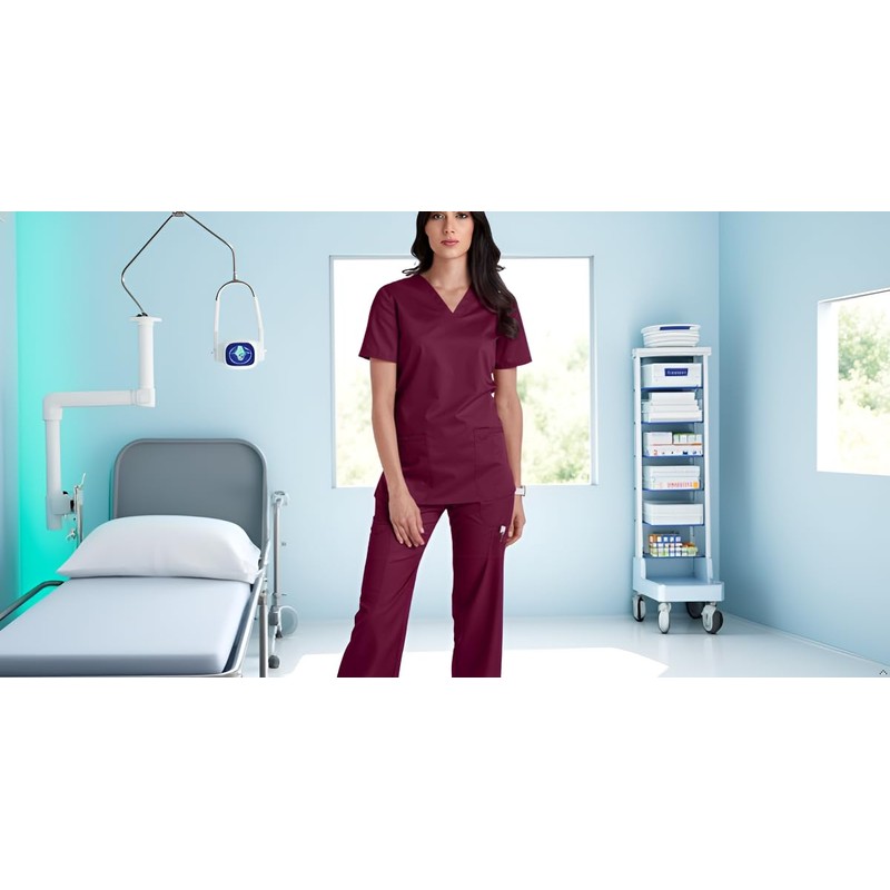 CARE SMART UNIFORM V-Neck Top with Badge Loop, XS, Wine