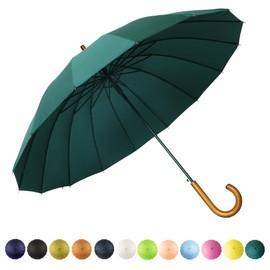 SoulRain 16 Ribs 48" Stick Umbrella Auto Open Solid Color Fashionable and Simple，Arc Classic Wood Handle，Windproof Unbreakable Stick Rain Umbrella (Dark Green)…