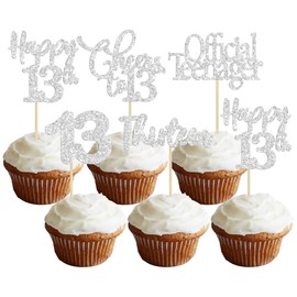 Paquete de 30 adornos para magdalenas de feliz cumpleaños 13 con purpurina plateada, 13 regalos oficiales de adolescentes a 13 años de edad, para decoración de tartas de cumpleaños 13 años