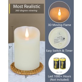 TECHLONG Flameless Candles Flickering 3D Moving Flame, Last 1000+ Hours Battery Operated Candles with Timer, Ivory Real Wax Electric LED Pillar Candles for Home Wedding Decoration | 3" x 5"