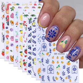 Summer Fruit Stickers for Nails Art 10PCS 3D Colorful Adhesive Fruits Decals Nail Art Supplies Lemon Blueberry Strawberry Orange Apple Watermelon Cute Designs Manicure Charms Decor for Women Girl