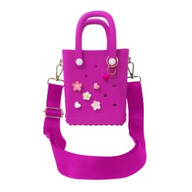 BOBONIU Rubber Beach Bag with Strap, Bitty EVA Tote Bag with 6 Charms, Small Charms Crossbody Tote for the Beach Boat Pool Sports, Washable Open Tote Bag(Rose Red)