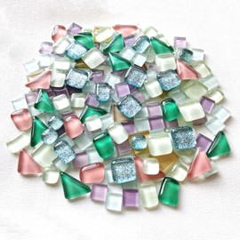 Mosaic Tiles Arts and Crafts, Mosaic Kits for Adults, 200g Irregular Mosaic Tiles Square, Assorted Multicolor Crystal Glass Mosaic Stones for Crafts Home Decoration, Wall, Photo Frame (Pink-Green)