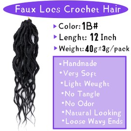 Faux Locs Crochet Hair 12 Inch 6 Packs Goddess Locs Crochet Hair for Women Soft Locs Pre Looped Crochet Braids with Wavy Curly Ends Boho Locs Synthetic Braids Extensions (1B#)