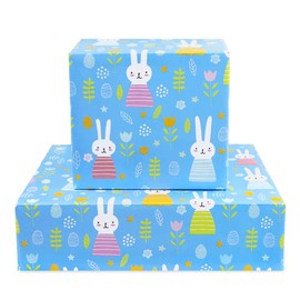 Bunny Rabbit Happy Birthday Wrapping Paper for Kids Baby Girls 4 Sheets, 28 x 20 Inch Per Sheet , Folded Flat Blue Gift Wrap for 1st Birthday Party Baby Shower Easter Christmas Kindergarten and More Occasion