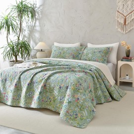 Sanracie Cotton Quilt Queen Size(90"x98")-Green Floral Quilted Bedspreads Set,3pcs Green Flower Bird Butterfly Print Botanical Quilt Bedding Coverlet Summer Soft Lightweight Aesthetic Bedding