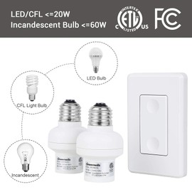 DEWENWILS Remote Control Light Socket, 1 Wall Mounted Switch and 2 Bulb Base, No Wiring Required, Wireless Light Switch and Receiver Set, Expandable, ETL Listed, White