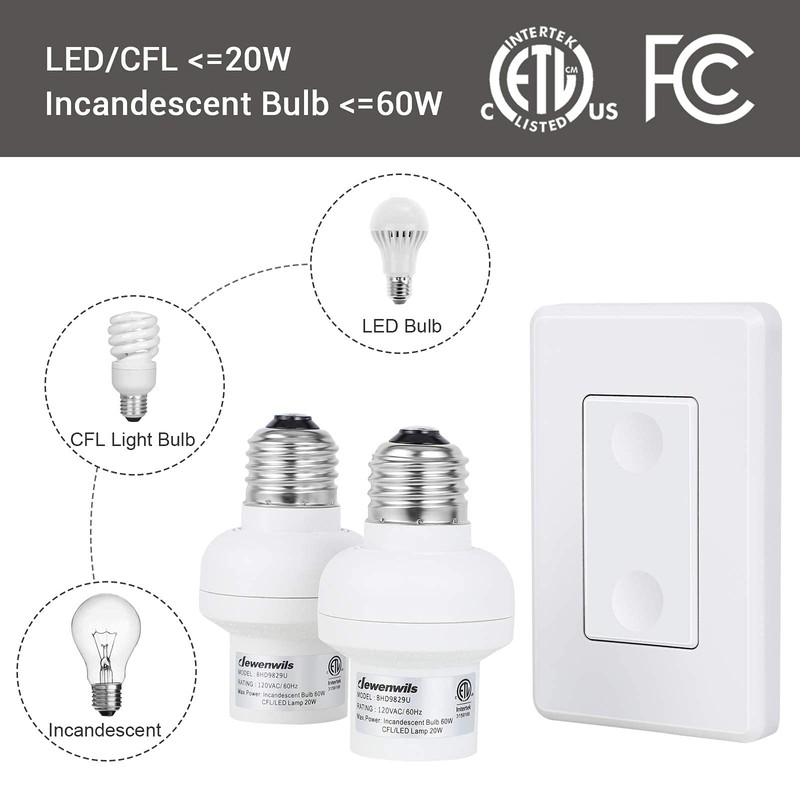 DEWENWILS Remote Control Light Socket, 1 Wall Mounted Switch and