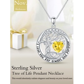 TOUPOP Irish Celtic Tree of Life Necklace for Women White Gold 925 Sterling Silver Citrine November Birthstone Pendant Necklaces with Cubic Zirconia Birthday Jewelry for Wife Girlfriend, Gold Plated,