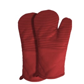 Heat-Resistant Silicone Mitts – 13” x 7” Non-Slip Cotton Baking & Cooking Gloves, Soft & Flexible Grip,Heavy-Duty Kitchen (Red-Silicone Stripes, 12'' Oven Mitts + 5.5'' Mini Oven Mitts)