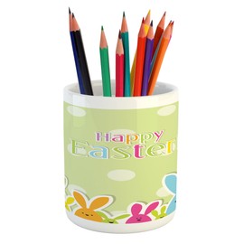 Ambesonne Easter Pencil Pen Holder, Pale Polka Dotted Background with Colorful Cartoon Bunnies Abstract Animal Design, Printed Ceramic Pencil Pen Holder for Desk Office Accessory, Multicolor