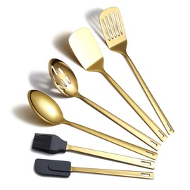 Gold Cooking Spoons, Berglander Stainless Steel 6 Pieces Kitchen Utensils Set with Titanium Gold Plating, Kitchen Tools Set, Cooking Utensil Set, Dishwasher Safe, Easy to Clean
