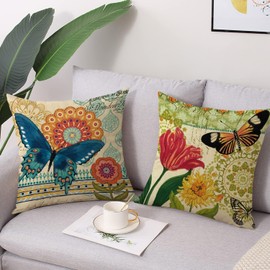 Spring Butterfly Pillow Covers 18X18, Outdoor Garden Orange Blue Flowers Pillow Case, Hydrangea Cushion Covers for Sofa, Couch, Patio Home Summer Decoration