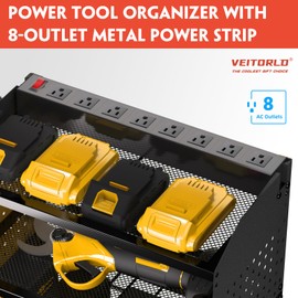 Veitorld Power Tool Organizer Wall Mount with Charging Station, 4 Drill Holder Heavy Duty Cordless Tool Storage Rack, Metal Garage Organizers and Storage, Gifts for Men Dad Husband Christmas